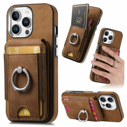 For iPhone 16 Pro Max Case Skin-Touch Texture Vertical Flip Card Holder Phone Cover with Ring Holder Kickstand - Brown