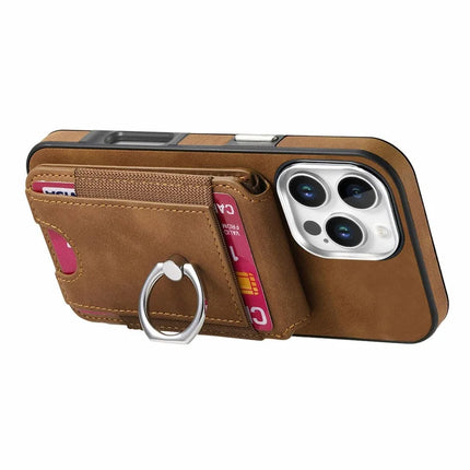 For iPhone 16 Pro Max Case Skin-Touch Texture Vertical Flip Card Holder Phone Cover with Ring Holder Kickstand