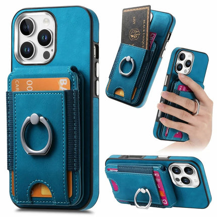 For iPhone 16 Pro Max Case Skin-Touch Texture Vertical Flip Card Holder Phone Cover with Ring Holder Kickstand - Blue