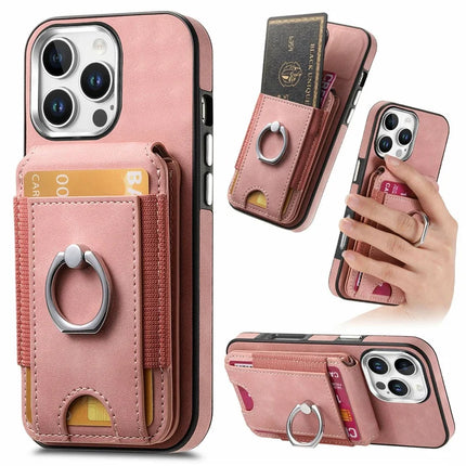 For iPhone 16 Pro Case Skin-Touch Texture Vertical Flip Card Holder Phone Cover with Ring Holder Kickstand - Pink