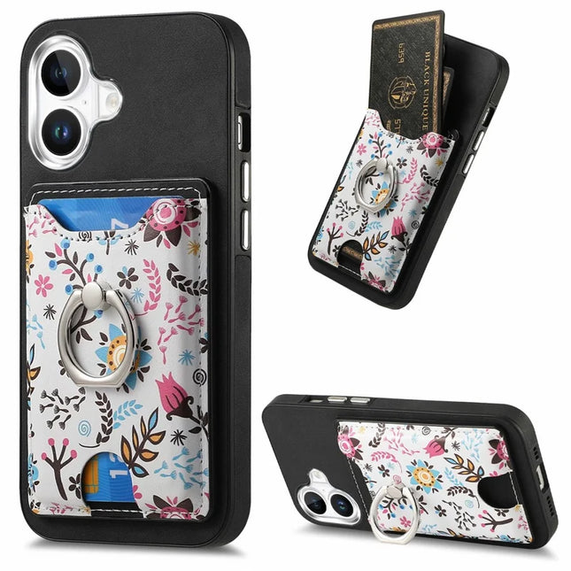 For iPhone 16 Case Kickstand Leather Coated TPU Pattern Back Cover - Black