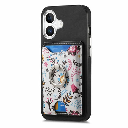 For iPhone 16 Case Kickstand Leather Coated TPU Pattern Back Cover