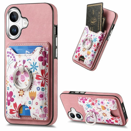 For iPhone 16 Case Kickstand Leather Coated TPU Pattern Back Cover - Pink