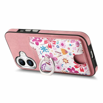 For iPhone 16 Case Kickstand Leather Coated TPU Pattern Back Cover