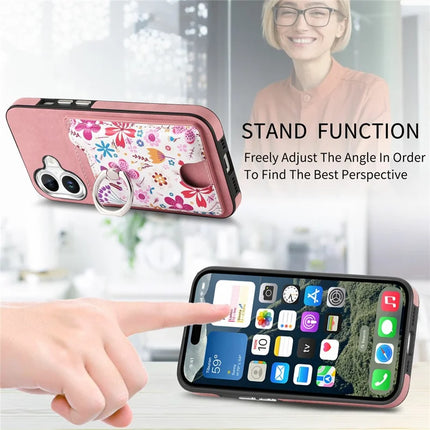 For iPhone 16 Case Kickstand Leather Coated TPU Pattern Back Cover