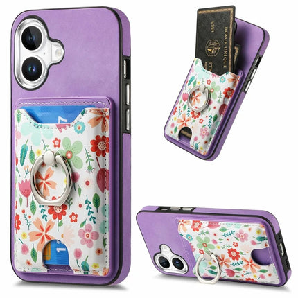 For iPhone 16 Case Kickstand Leather Coated TPU Pattern Back Cover - Purple
