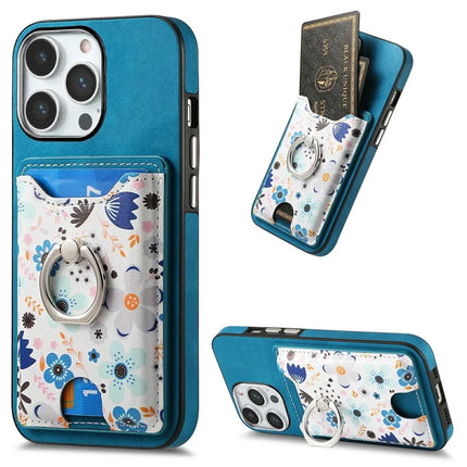 For iPhone 16 Pro Max Case Kickstand Leather Coated TPU Pattern Back Cover - Blue