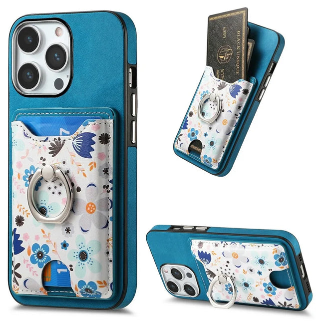 For iPhone 16 Pro Max Case Kickstand Leather Coated TPU Pattern Back Cover - Blue