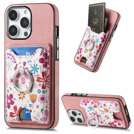 For iPhone 16 Pro Max Case Kickstand Leather Coated TPU Pattern Back Cover - Pink