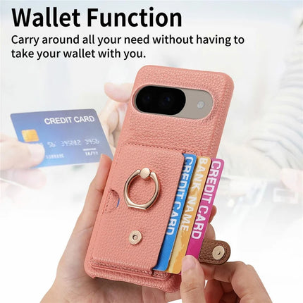 For Google Pixel 9 / 9 Pro Case Ring Holder Kickstand Card Slot Leather Phone Back Cover