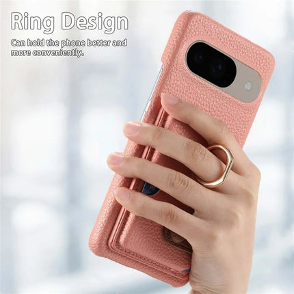 For Google Pixel 9 / 9 Pro Case Ring Holder Kickstand Card Slot Leather Phone Back Cover