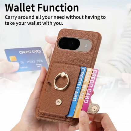 For Google Pixel 9 / 9 Pro Case Ring Holder Kickstand Card Slot Leather Phone Back Cover