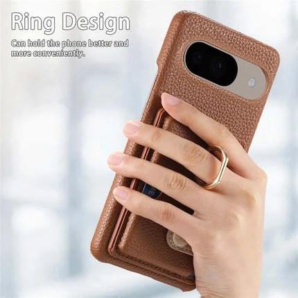 For Google Pixel 9 / 9 Pro Case Ring Holder Kickstand Card Slot Leather Phone Back Cover