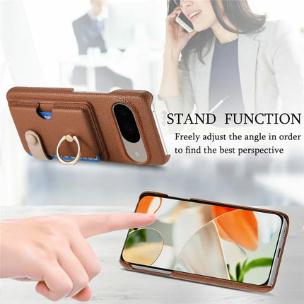 For Google Pixel 9 / 9 Pro Case Ring Holder Kickstand Card Slot Leather Phone Back Cover