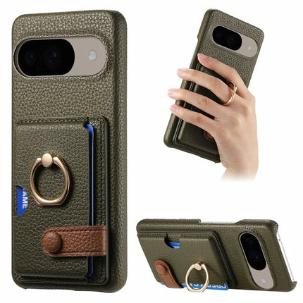 For Google Pixel 9 / 9 Pro Case Ring Holder Kickstand Card Slot Leather Phone Back Cover - Green