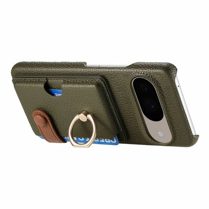 For Google Pixel 9 / 9 Pro Case Ring Holder Kickstand Card Slot Leather Phone Back Cover