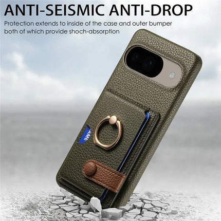 For Google Pixel 9 / 9 Pro Case Ring Holder Kickstand Card Slot Leather Phone Back Cover