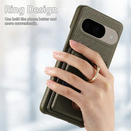 For Google Pixel 9 / 9 Pro Case Ring Holder Kickstand Card Slot Leather Phone Back Cover