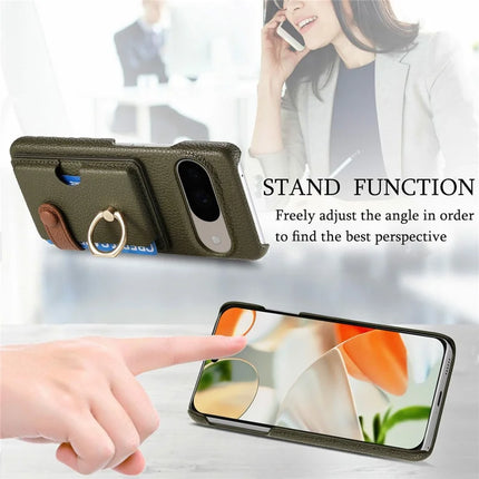For Google Pixel 9 / 9 Pro Case Ring Holder Kickstand Card Slot Leather Phone Back Cover