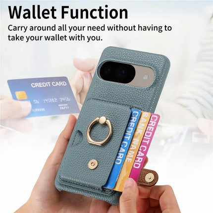 For Google Pixel 9 / 9 Pro Case Ring Holder Kickstand Card Slot Leather Phone Back Cover