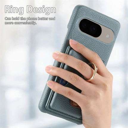 For Google Pixel 9 / 9 Pro Case Ring Holder Kickstand Card Slot Leather Phone Back Cover