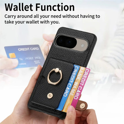 For Google Pixel 9 / 9 Pro Case Ring Holder Kickstand Card Slot Leather Phone Back Cover