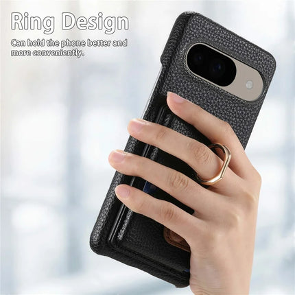 For Google Pixel 9 / 9 Pro Case Ring Holder Kickstand Card Slot Leather Phone Back Cover