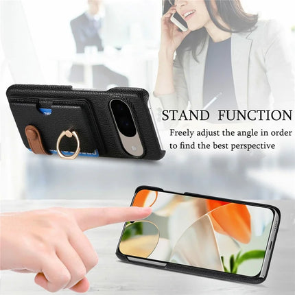 For Google Pixel 9 / 9 Pro Case Ring Holder Kickstand Card Slot Leather Phone Back Cover