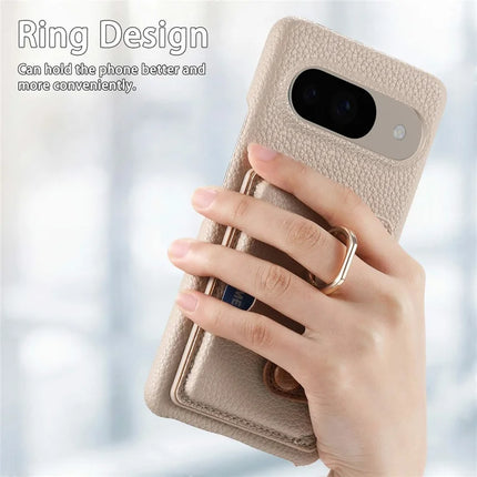 For Google Pixel 9 / 9 Pro Case Ring Holder Kickstand Card Slot Leather Phone Back Cover