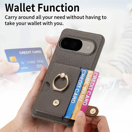 For Google Pixel 9 / 9 Pro Case Ring Holder Kickstand Card Slot Leather Phone Back Cover