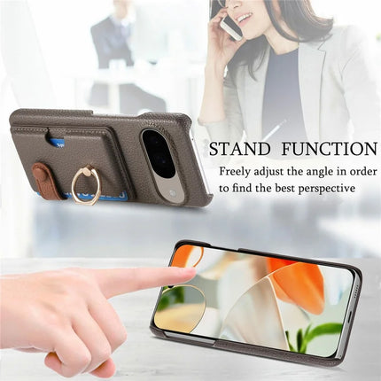 For Google Pixel 9 / 9 Pro Case Ring Holder Kickstand Card Slot Leather Phone Back Cover