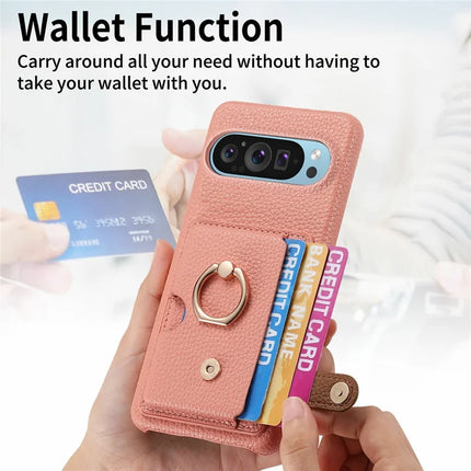 For Google Pixel 9 Pro XL Case Ring Holder Kickstand Card Slot Leather Phone Back Cover