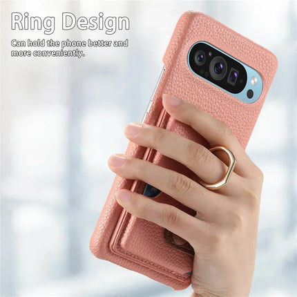 For Google Pixel 9 Pro XL Case Ring Holder Kickstand Card Slot Leather Phone Back Cover