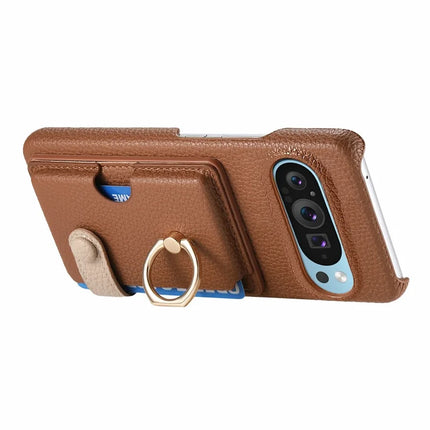 For Google Pixel 9 Pro XL Case Ring Holder Kickstand Card Slot Leather Phone Back Cover