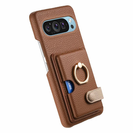 For Google Pixel 9 Pro XL Case Ring Holder Kickstand Card Slot Leather Phone Back Cover