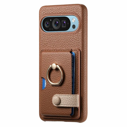 For Google Pixel 9 Pro XL Case Ring Holder Kickstand Card Slot Leather Phone Back Cover