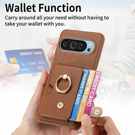 For Google Pixel 9 Pro XL Case Ring Holder Kickstand Card Slot Leather Phone Back Cover