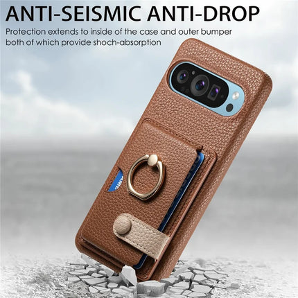 For Google Pixel 9 Pro XL Case Ring Holder Kickstand Card Slot Leather Phone Back Cover