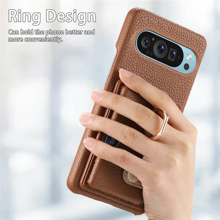 For Google Pixel 9 Pro XL Case Ring Holder Kickstand Card Slot Leather Phone Back Cover