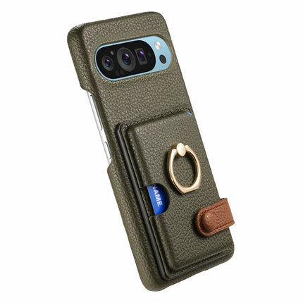 For Google Pixel 9 Pro XL Case Ring Holder Kickstand Card Slot Leather Phone Back Cover