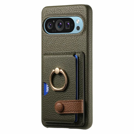 For Google Pixel 9 Pro XL Case Ring Holder Kickstand Card Slot Leather Phone Back Cover
