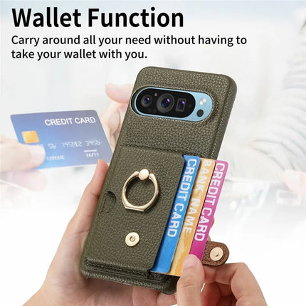 For Google Pixel 9 Pro XL Case Ring Holder Kickstand Card Slot Leather Phone Back Cover
