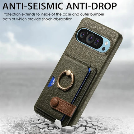 For Google Pixel 9 Pro XL Case Ring Holder Kickstand Card Slot Leather Phone Back Cover