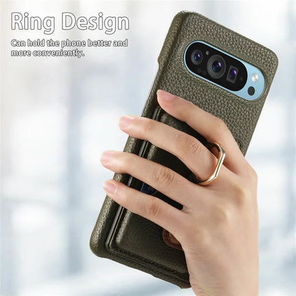 For Google Pixel 9 Pro XL Case Ring Holder Kickstand Card Slot Leather Phone Back Cover
