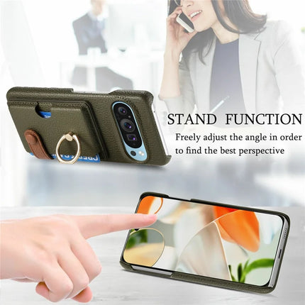 For Google Pixel 9 Pro XL Case Ring Holder Kickstand Card Slot Leather Phone Back Cover