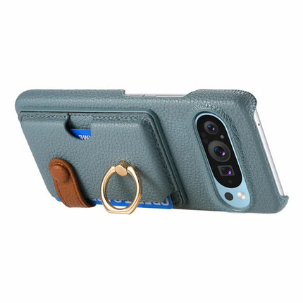 For Google Pixel 9 Pro XL Case Ring Holder Kickstand Card Slot Leather Phone Back Cover