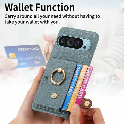 For Google Pixel 9 Pro XL Case Ring Holder Kickstand Card Slot Leather Phone Back Cover