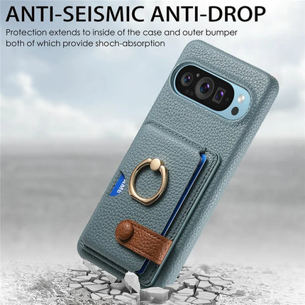 For Google Pixel 9 Pro XL Case Ring Holder Kickstand Card Slot Leather Phone Back Cover