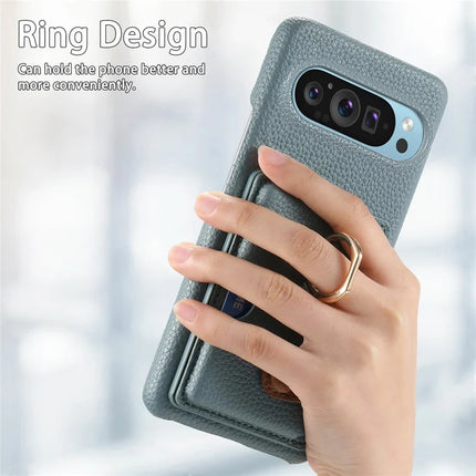 For Google Pixel 9 Pro XL Case Ring Holder Kickstand Card Slot Leather Phone Back Cover