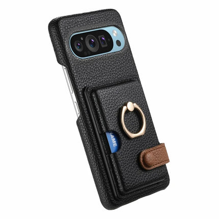 For Google Pixel 9 Pro XL Case Ring Holder Kickstand Card Slot Leather Phone Back Cover
